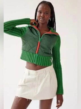 BDG NWT s Green Rhett Quilted Zip-Up Jacket Cropped Sweater Urban Outfitters